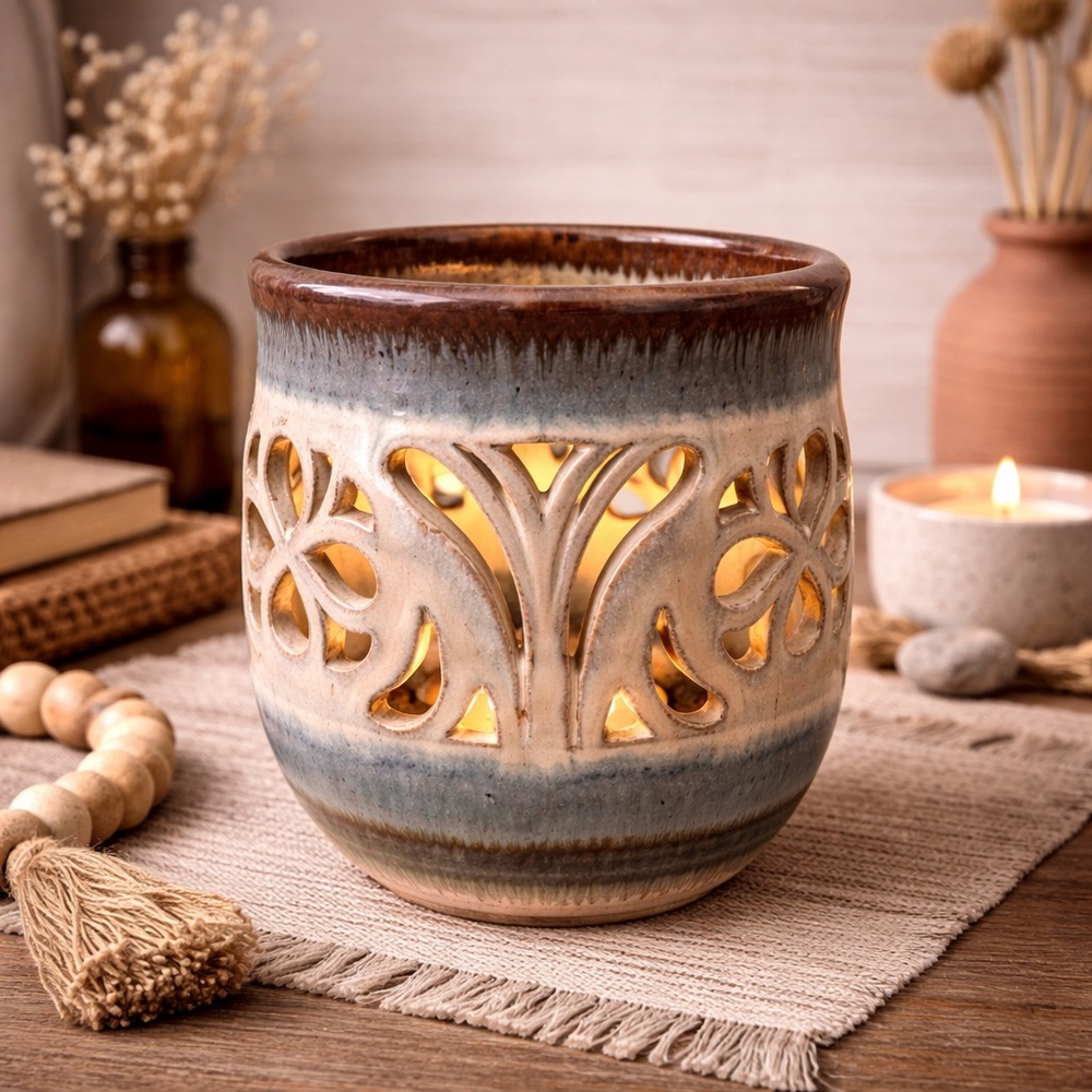 Vtg Walt Glass 83 McQueeney Pottery Luminary‎ Candle Holder Floral Cutout Design